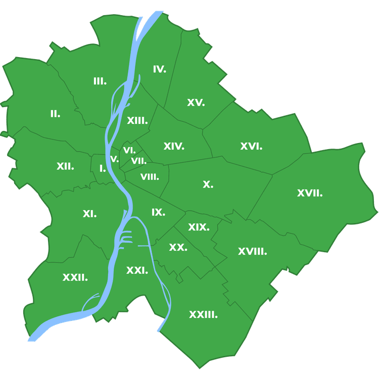 Mapa budapeštianskych mestských častí s pokrytím expresným doručením